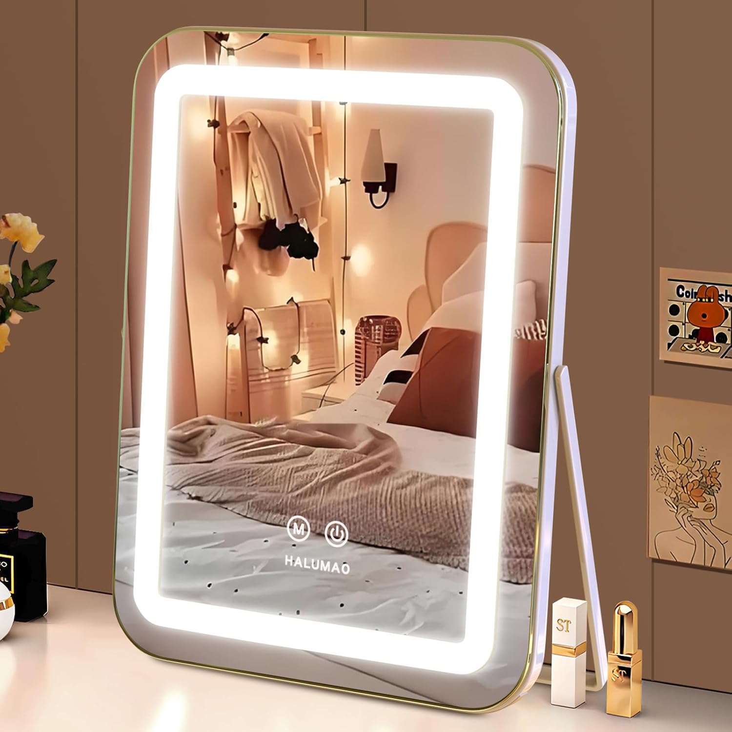 Espejo de tocador con luces, espejo de maquillaje iluminado de 14.5", espejo de maquillaje LED con luces para dormitorio, control táctil inteligente, 3 colores regulables, rotación de 360° 
