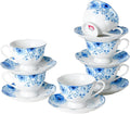 Juego de 6 tazas y platillos de porcelana PRECITIME (12 piezas) - Tazas de 177 ml con un clásico estampado floral azul, ideales para fiestas de té. Aptas para lavavajillas y microondas.