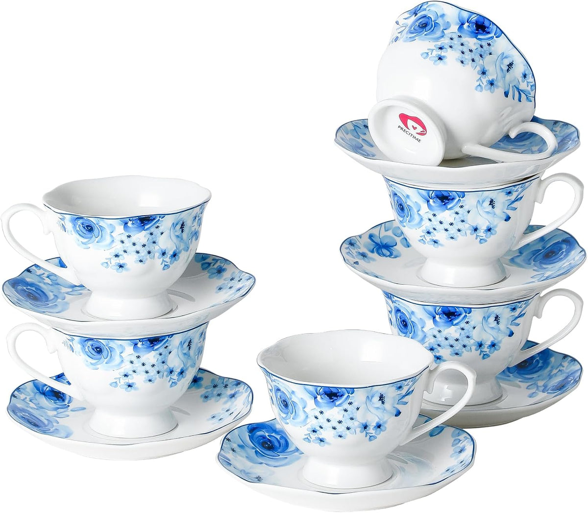 Juego de 6 tazas y platillos de porcelana PRECITIME (12 piezas) - Tazas de 177 ml con un clásico estampado floral azul, ideales para fiestas de té. Aptas para lavavajillas y microondas.