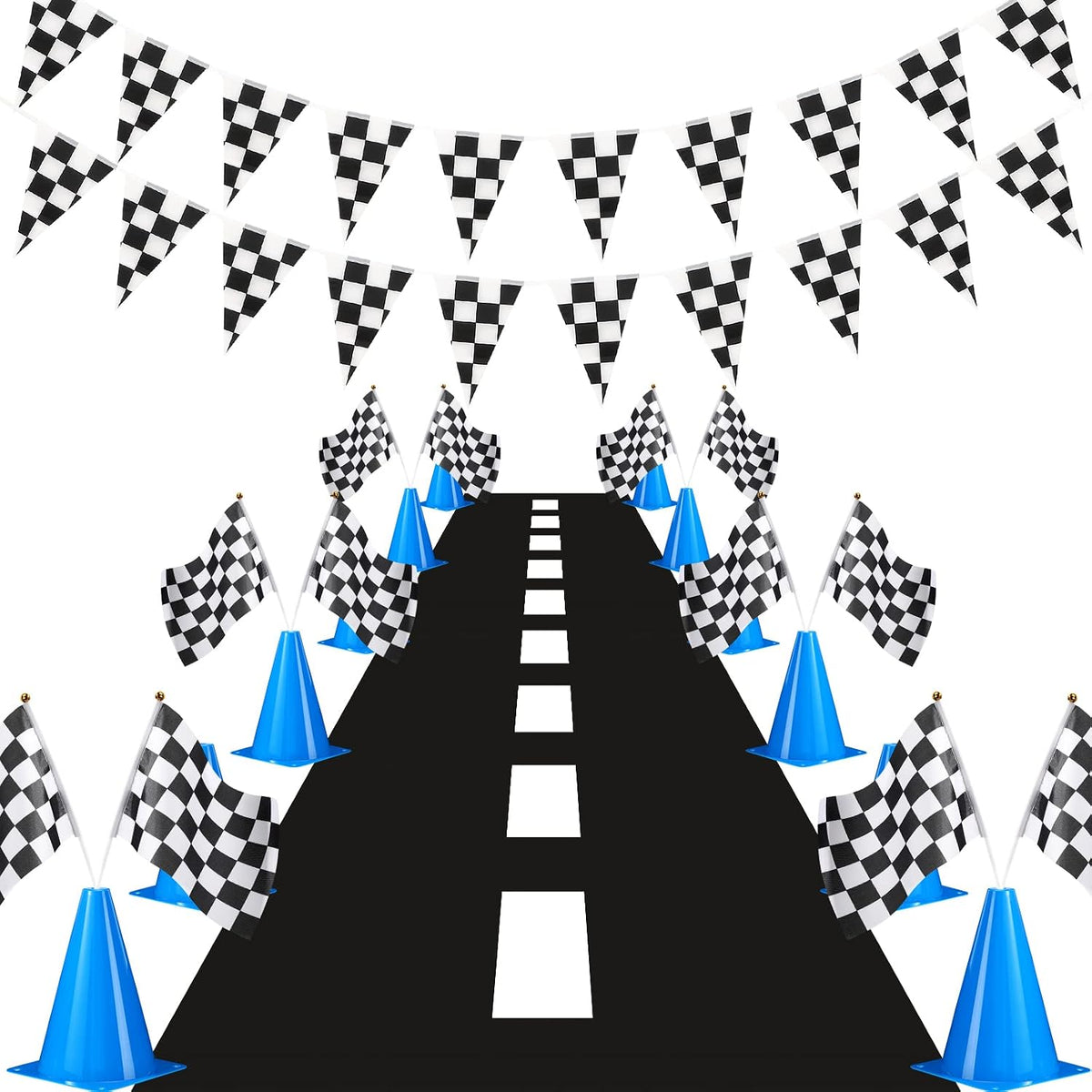 Juego de conos de tráfico y banderas a cuadros Skylety: incluye 12 conos de tráfico de plástico, 12 banderas con mástiles, banderín a cuadros de 9,45 m y tapete de pista de carreras de 3 x 0,6 m (azul).