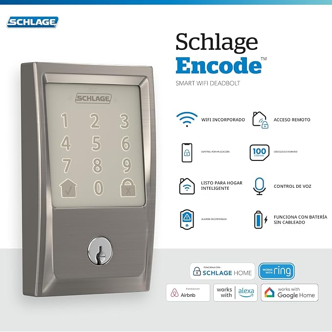 Cerradura Inteligente Schlage Encode Wi-Fi – Teclado Táctil, Sin Llaves, Compatible con Alexa, Google Home y Airbnb, Níquel Satinado