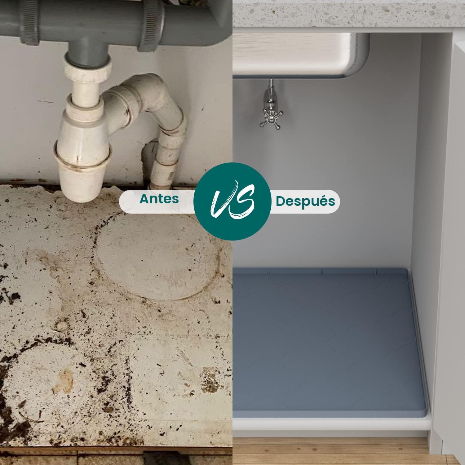 Tapete para debajo del fregadero, bandeja de silicona para gabinete de cocina de 34 x 22 pulgadas, impermeable y flexible para debajo del fregadero para cocina, baño y cuarto de servicio