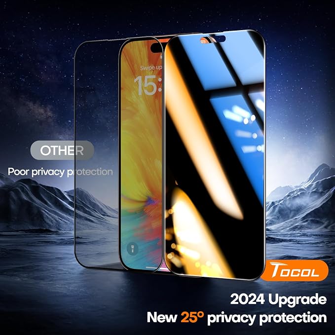 TOCOL Protector de pantalla de privacidad para iPhone 16 Pro de 6.3 pulgadas, verdadero 25°, anti espía 9H+, vidrio templado de dureza para cobertura completa, fácil instalación