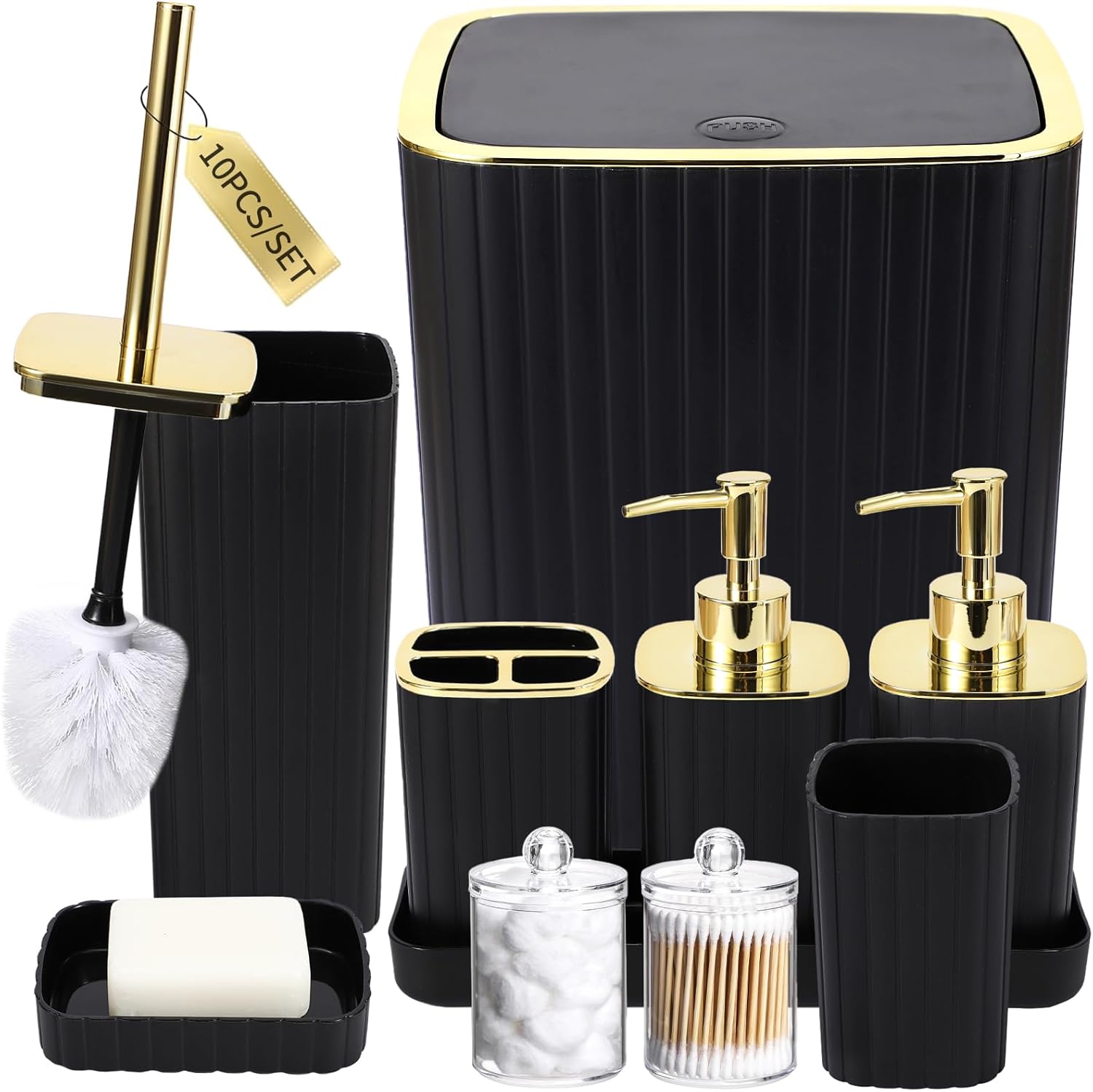 XLHOMO Bathroom Accessories Set - Gorgeous Black Bathroom Set, 10PC Bathroom Accessory Set, Toilet Brush, Trash Can, Qtip Holder & Soap Dispenser