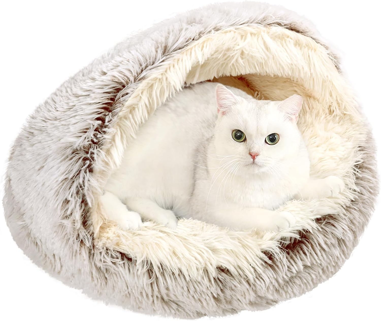 Cama Cueva Calmante para Gatos y Perros Pequenos – Peluche Suave, Antideslizante, Lavable a Maquina, 24 x 24 Pulgadas, Color Cafe