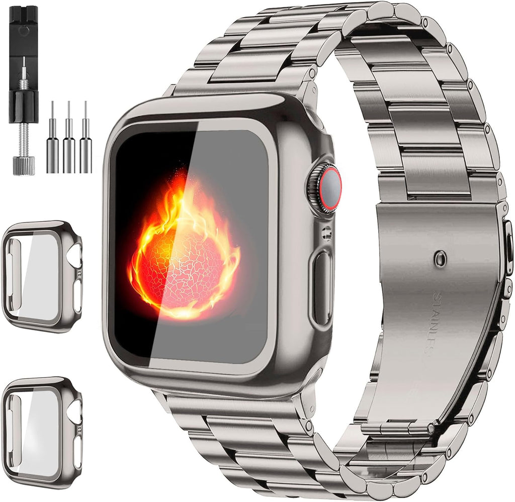 Bekomo Correa de Acero Inoxidable para Apple Watch 38-49mm | con 2 Fundas de Vidrio Templado | Compatible con Series 11/10/9/Ultra 3-1/SE (para Hombre)
