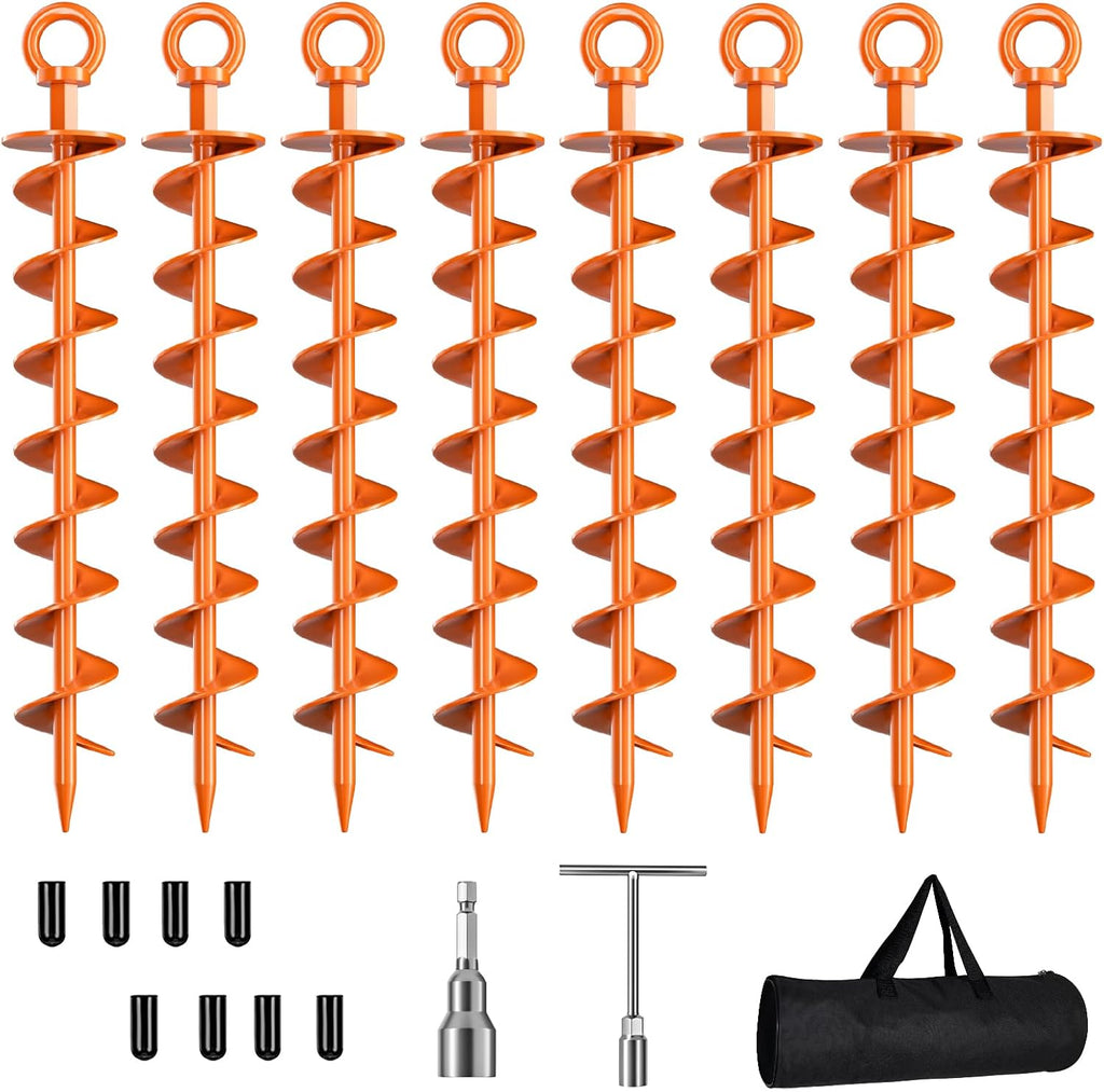 Anclajes de suelo con tornillo, paquete de 8 anclajes espirales para trampolín con tuerca y herramienta, anclajes para columpios, estacas para tiendas de campaña, resistentes al viento, para cobertizos, cocheras y casas móviles, color naranja.
