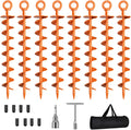 Anclajes de suelo con tornillo, paquete de 8 anclajes espirales para trampolín con tuerca y herramienta, anclajes para columpios, estacas para tiendas de campaña, resistentes al viento, para cobertizos, cocheras y casas móviles, color naranja.