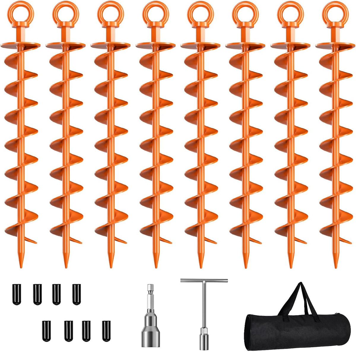 Anclajes de suelo con tornillo, paquete de 8 anclajes espirales para trampolín con tuerca y herramienta, anclajes para columpios, estacas para tiendas de campaña, resistentes al viento, para cobertizos, cocheras y casas móviles, color naranja.