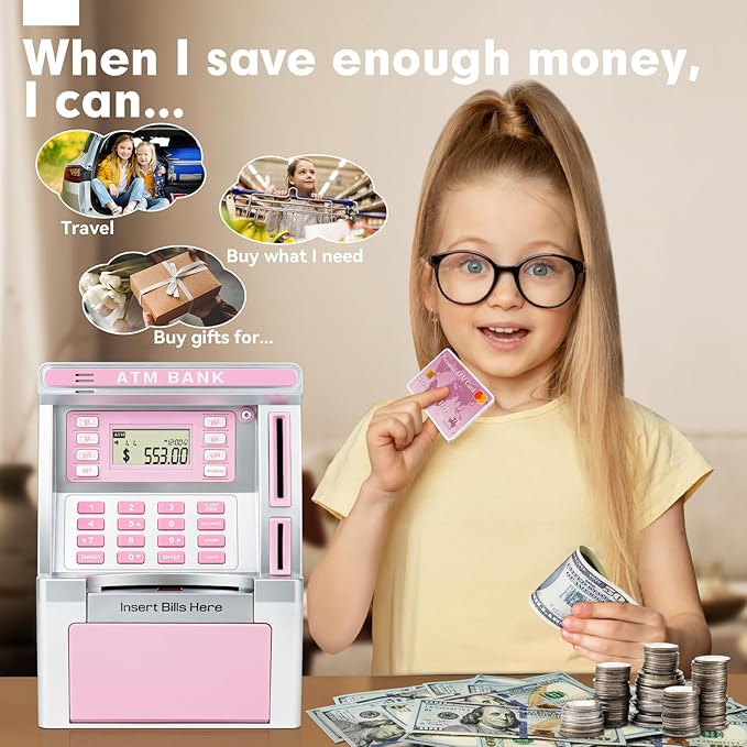 Alcancía rosa para niños, máquina de cajero automático para dinero real con tarjeta de débito, alimentador de billetes, reconocimiento de monedas, calculadora de saldo, caja de seguridad electrónica