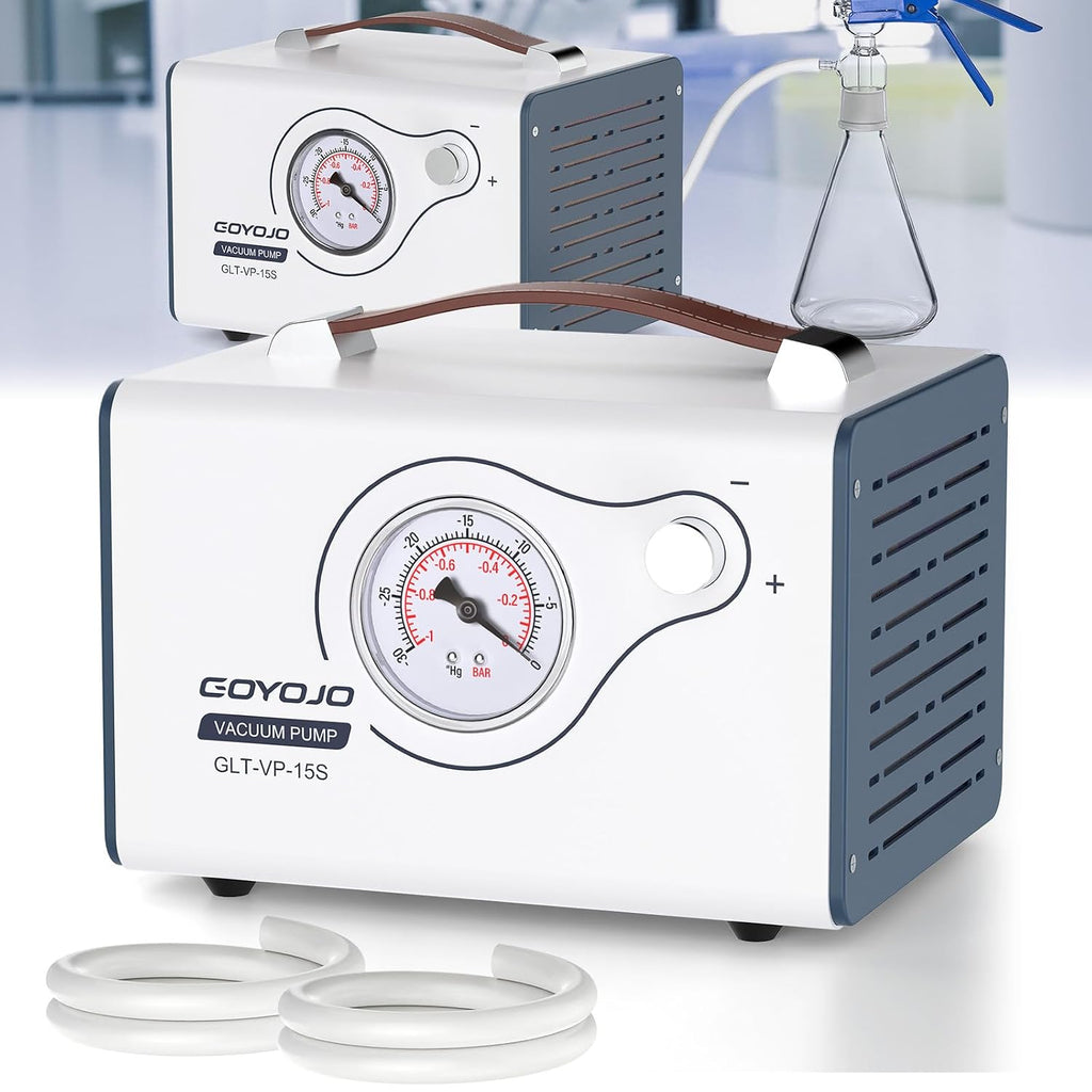 Bomba de Vacío sin Aceite 15L/Min | Doble Presión | Para Filtración y Fraccionamiento de Líquidos de Laboratorio | Diafragma Portátil y Silenciosa | Incluye 2 Mangueras