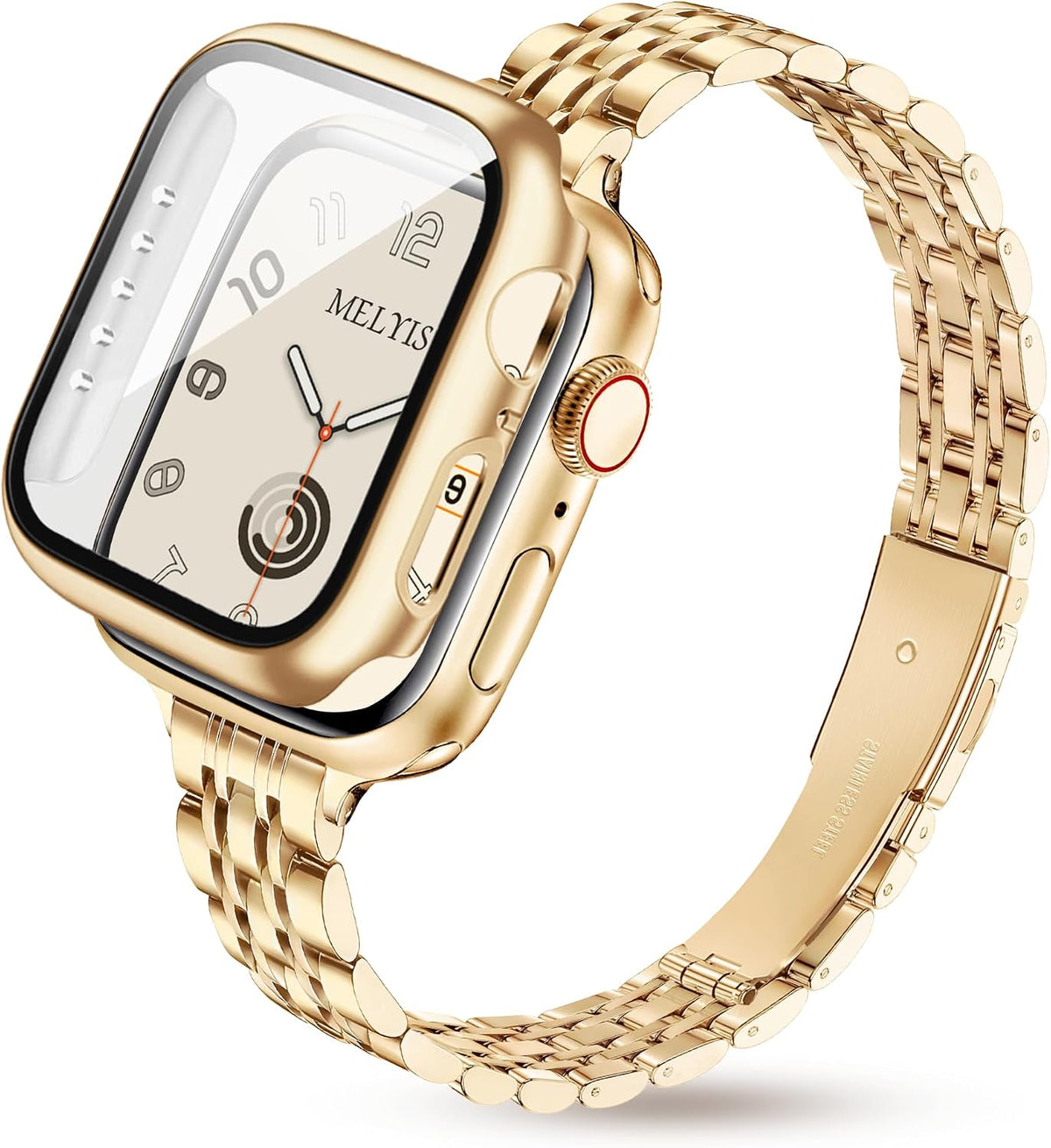 Correa delgada de metal Melyis con estuche, compatible con Apple Watch de 40 mm para mujer, correas finas de acero inoxidable para iWatch, correa elegante para Apple Watch con protector de pantalla, Series SE 6 5 4, color dorado.