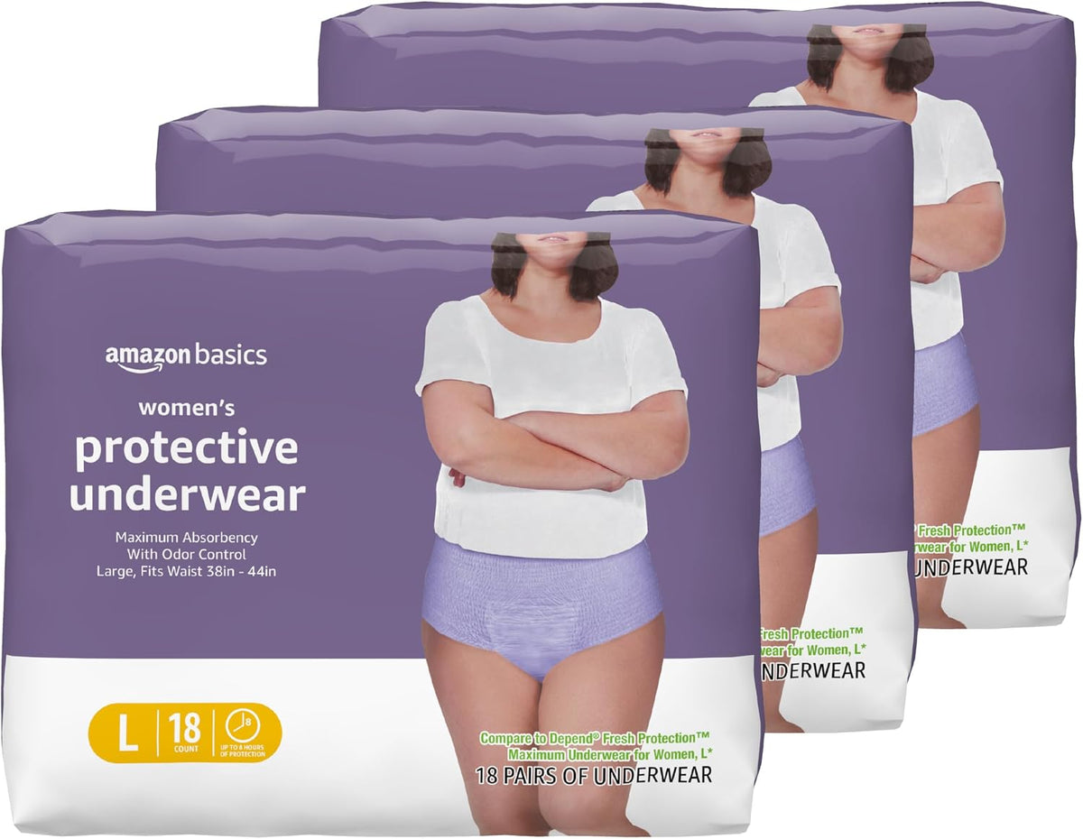 Ropa Interior para Incontinencia Amazon Basics para Mujer | Máxima Absorción, Fresh Protection | Postparto, Desechable con Control de Olor | Talla L, Lavanda | 54 Unidades