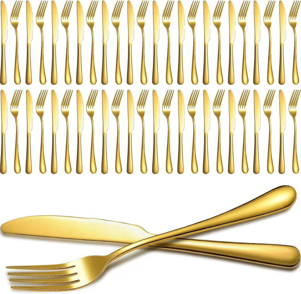 Juego de cubiertos Nuenen de 50 piezas de acero inoxidable, tenedores y cuchillos para mesa, vajilla para cocina y restaurante (8,07 x 0,94 pulgadas, 9,06 x 0,79 pulgadas, dorado)