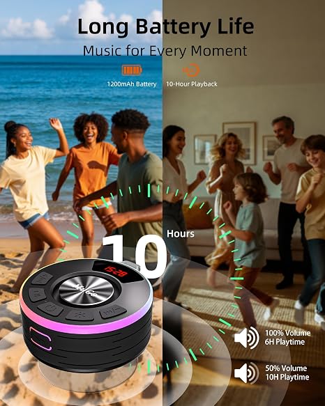 Altavoz de ducha Bluetooth MuGo impermeable IPX7, sonido estéreo HD 360° para baño, Bluetooth 5.3 con luces RGB, ventosa y micrófono, mini radio de ducha para el hogar/fiesta/exterior