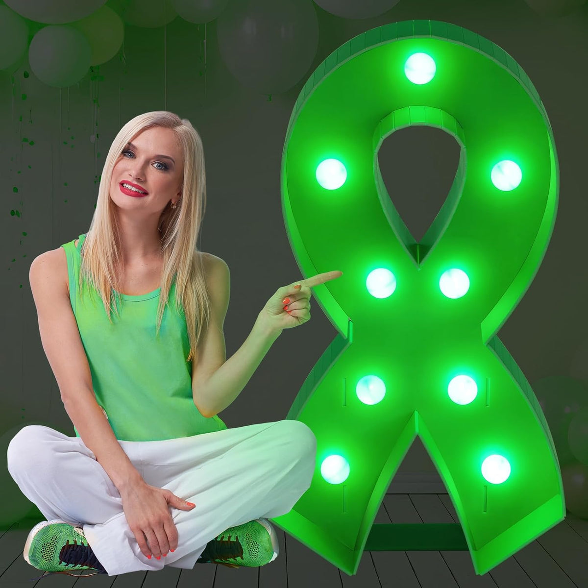 Retisee Marquesina iluminada de 3 pies Cinta de concientización sobre salud mental Marco de globos de mosaico con guirnalda de luces Artículos de concientización sobre salud mental y autismo Tablero de espuma verde precortado para actividades