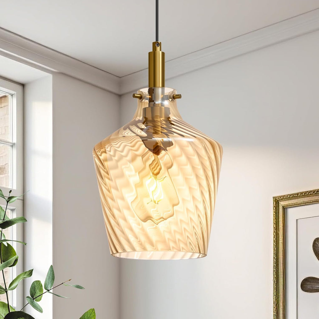 Lámpara Colgante Vaziden Vidrio Ámbar con Rayas – Estilo Farmhouse Dorado | Isla de Cocina | Altura Ajustable