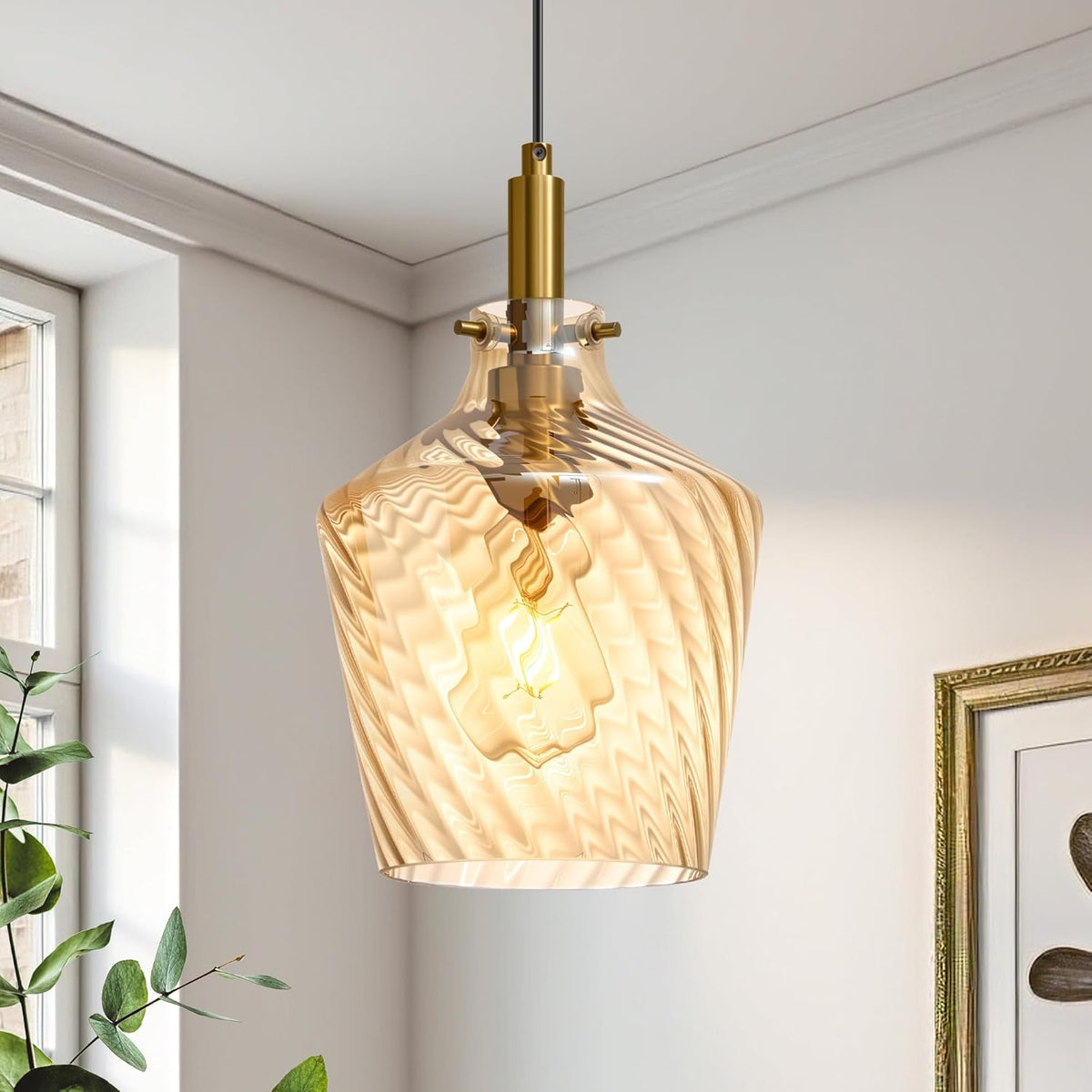 Lámpara Colgante Vaziden Vidrio Ámbar con Rayas – Estilo Farmhouse Dorado | Isla de Cocina | Altura Ajustable