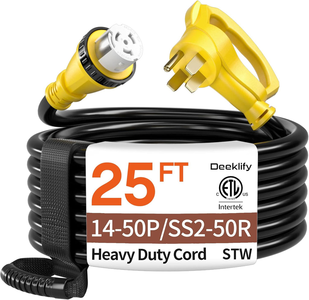 Cable de Generador 50 Amp 25 Pies | NEMA 14-50P/SS2-50R | Servicio Pesado 4 Conductores | Cobre Puro STW | Enchufe Hembra con Twist Lock | Para RV y Camper | Certificado ETL