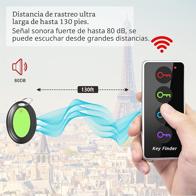 Reyke Buscador de llaves, etiquetas de localizador de artículos RF de 80dB+ con rango de trabajo de 131 pies, rastreador remoto inalámbrico para billetera, teléfono, gafas, mascotas, 1 transmisor RF
