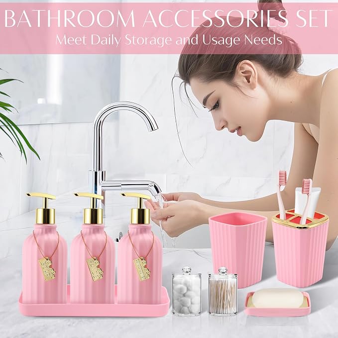 Set de Accesorios de Baño WSBArt 17 Piezas — SIN Cepillo de Inodoro — Papelera, Dispensadores de Jabón e Hisopos, Rosa