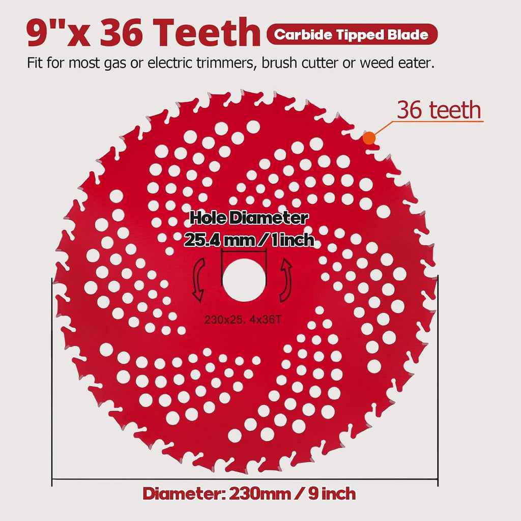 Paquete de 2 Cuchillas con Punta de Carburo 9" y 36 Dientes para Desbrozadora