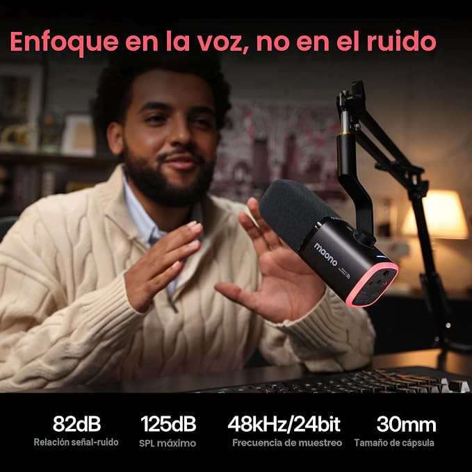 MAONO - Micrófono dinámico USB inalámbrico PD100W, micrófono de PC para juegos con reducción de ruido de un solo clic, botón de silencio, RGB personalizado, conector de auriculares de 0.138 in
