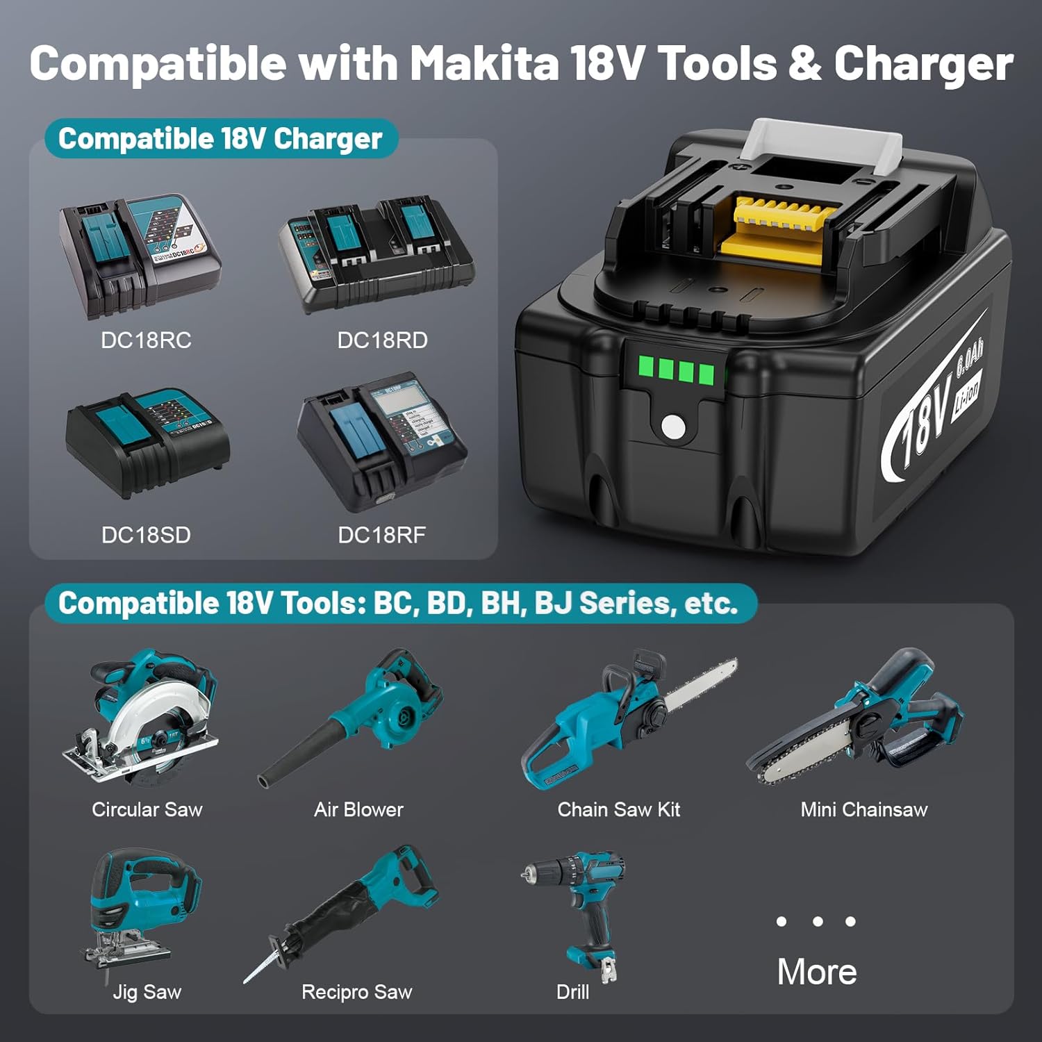 Djsanu Paquete de 4 baterías de litio de 18 V 6000 mAh de repuesto de larga duración para batería Makita de 18 V, alimentación de 6.0 Ah con indicador LED compatible con Makita BL1850B/BL1860B/BL1840B
