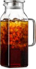 Jarra cuadrada de vidrio de 2 cuartos (2 litros 68 oz) con tapa y boquilla, jarras de agua con asa para refrigerador, jarra de vidrio de borosilicato para bebidas frías/calientes, jarra grande para té helado, café, jugo, leche y otras bebidas.