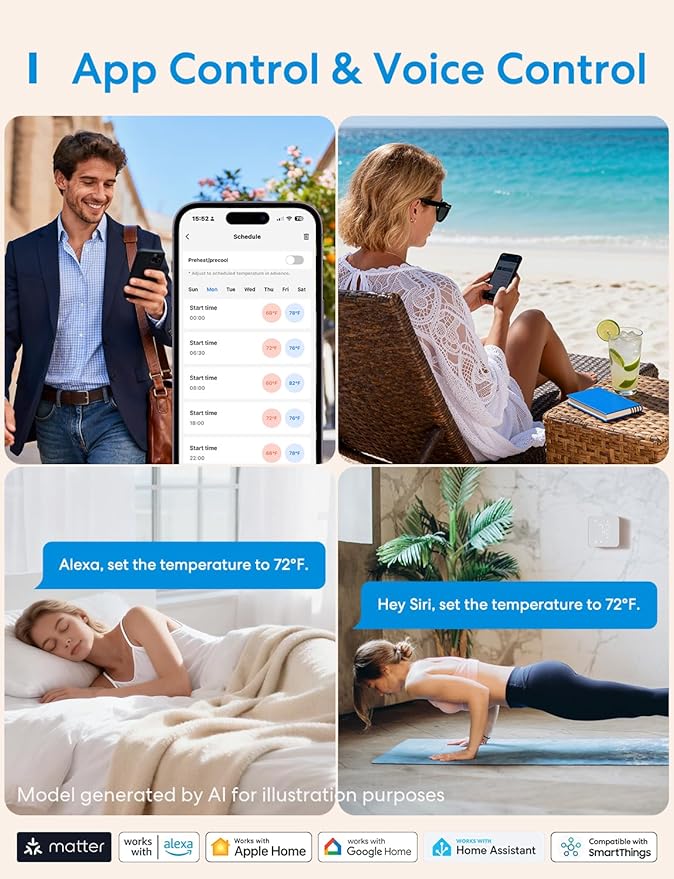 meross Termostato inteligente para el hogar, el termostato WiFi funciona con materia, Alexa, Apple Home, Google Assistant, aplicación y control de voz, programación de 7 x 24 horas, ahorro de energía, requiere cable C (no incluido)
