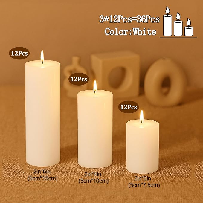 Paquete de 36 velas de pilar blancas a granel, 2 x 3, 2 x 4, 2 x 6 pulgadas, 12 de cada tamaño, sin goteo, sin humo, combustión limpia para centros de mesa de boda, decoración del hogar