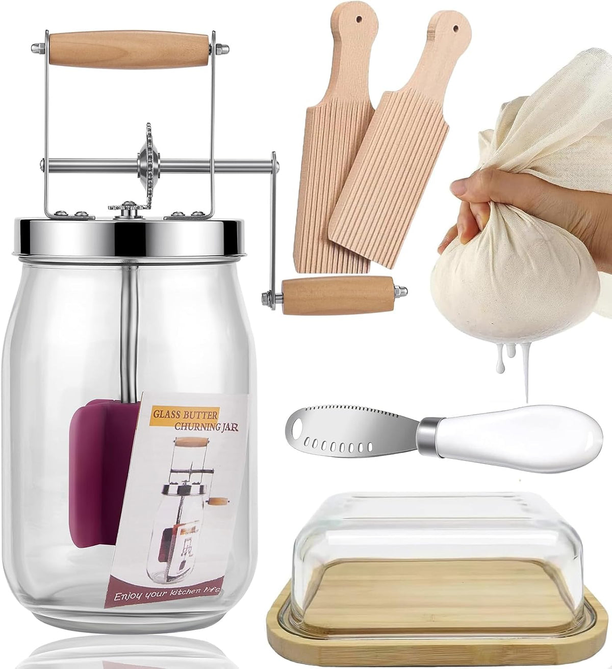 Kit Mantequera Manual Retro – Madera con Manivela y Tarro de Cristal 51 oz para Mantequilla Casera, Cetogénica y Vida en el Campo