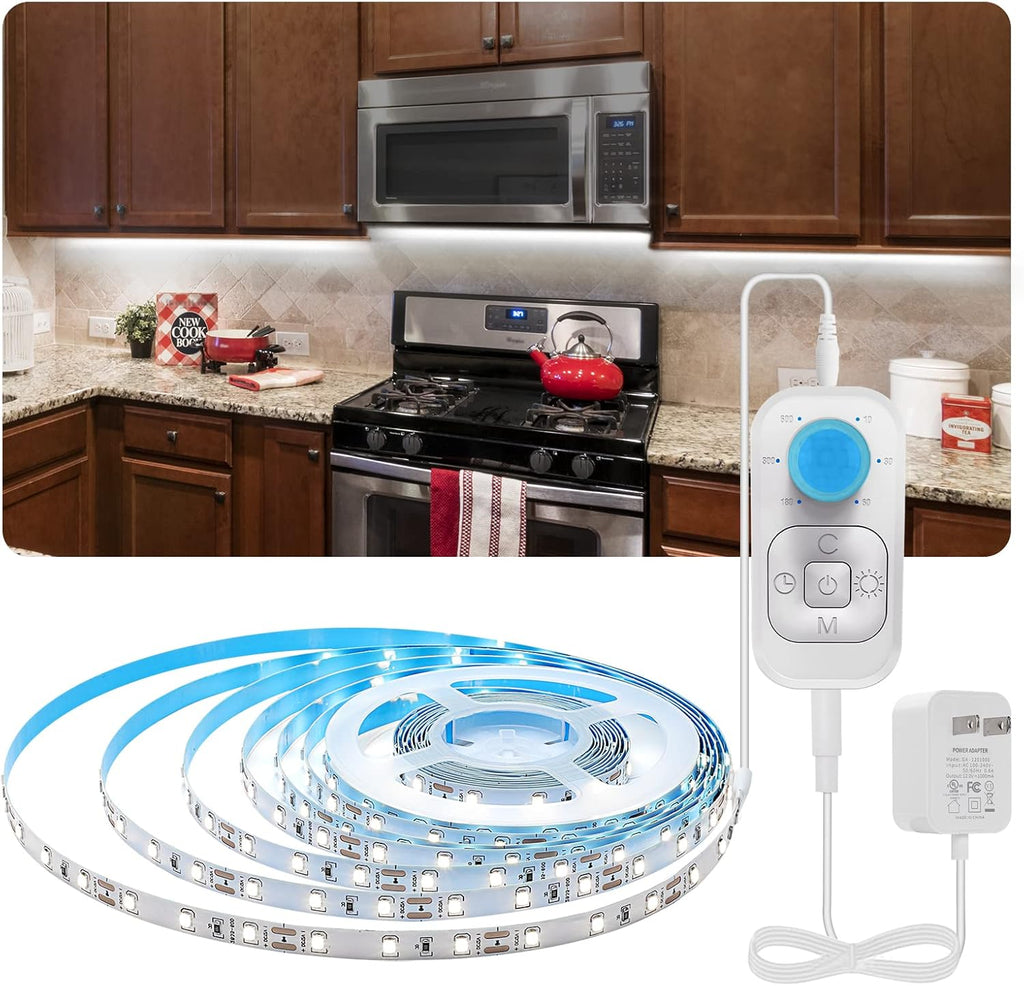 Feuymoent Motion Sensor LED Strip Light - Cabinet Strip Lights with 24W Plug, Dimmer and Timing, Indoor Light Strips for Kitchen Cabinets, Stair, Under Bed, Showcase, Bedroom, 9.84ft 6000K ColdWhite