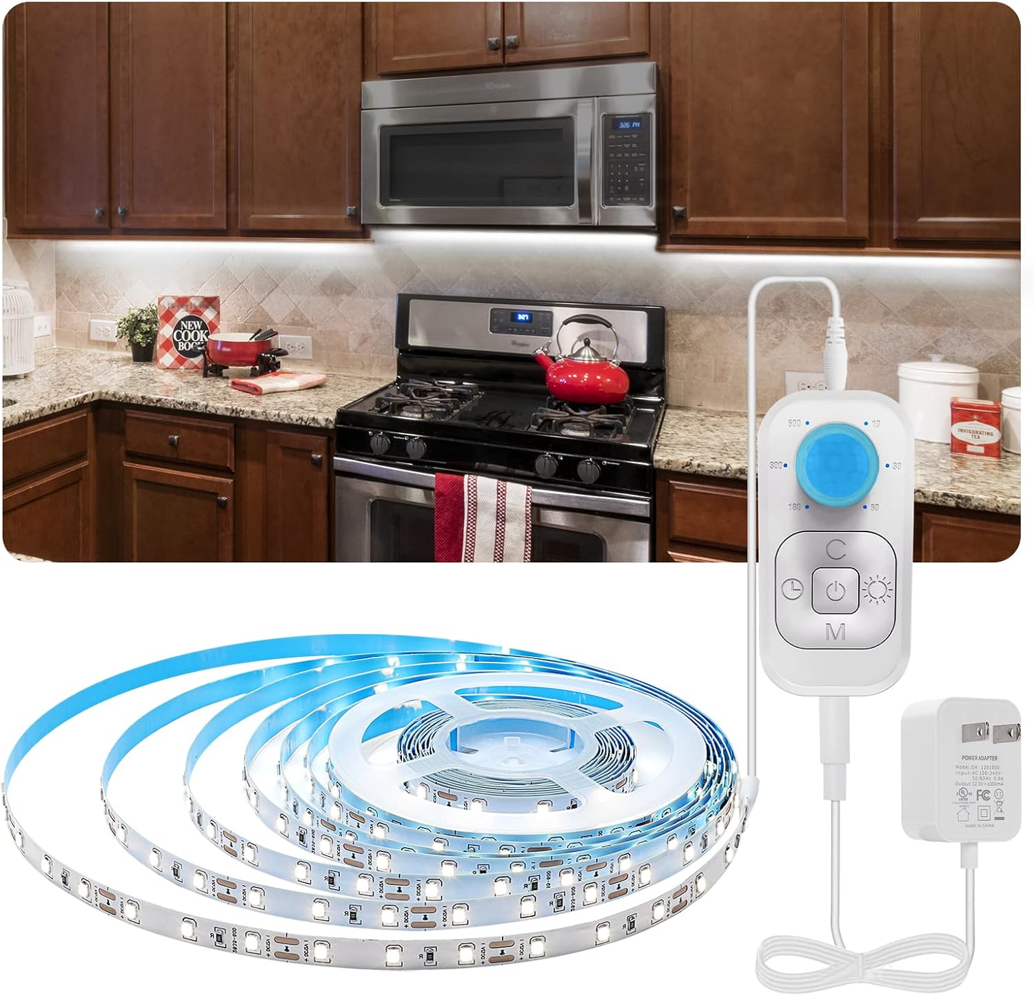 Feuymoent Motion Sensor LED Strip Light - Cabinet Strip Lights with 24W Plug, Dimmer and Timing, Indoor Light Strips for Kitchen Cabinets, Stair, Under Bed, Showcase, Bedroom, 9.84ft 6000K ColdWhite