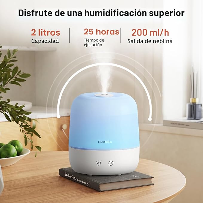 Clarston Humidificador de niebla fría de 2 L para dormitorio con boquilla ajustable de 360°, niveles de niebla altos y bajos, ultra silencioso, apagado de luz, sin BPA, apagado automático