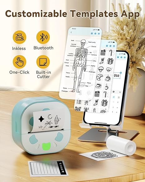 Impresora de calcomanías NDYIN, mini impresora PrintPods, fabricante de calcomanías portátil Bluetooth con 3 rollos de papel, impresora térmica sin tinta para iPhone, impresora portátil para notas, diario, bricolaje, regalo para niños