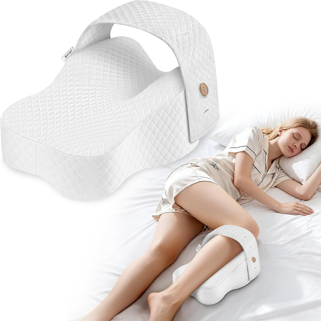 Xalugn Almohada para Rodillas para Dormir de Lado | Alineacion de Columna y Soporte de Cadera con Espuma Viscoelastica Ajustable | Diseno Contorneado, Correa Antideslizante, Funda Lavable