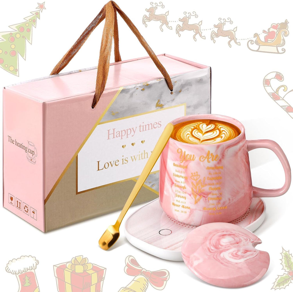 Juego de calentador de tazas de café con versículo bíblico inicial para mujeres, rosa, regalos cristianos, plato calentador de tazas de mármol, regalos de agradecimiento para maestras, compañeras de trabajo, voluntarias, cumpleaños