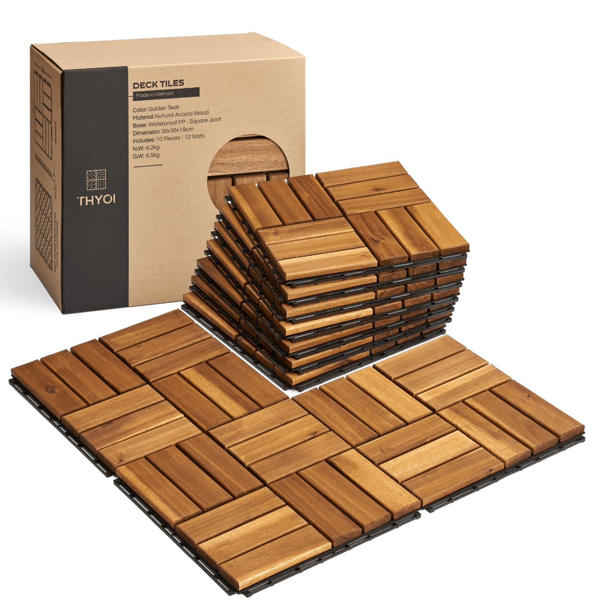 Baldosas premium para terraza THYOI, suelo para patio - Juego de 10 piezas de 30, 5 x 30, 5 x 2, 3 cm (12" x 12" x 0,23"), baldosas entrelazadas de madera de acacia impermeables para balcón, patio trasero