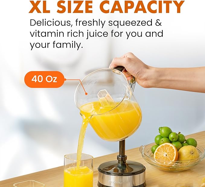 Elite Gourmet ETS740 Exprimidor eléctrico de cítricos de 40 W sin BPA con 2 conos, compacto, gran volumen, control de pulpa, naranjas, limones, limas, pomelos con boquilla fácil de verter, 1.2 L