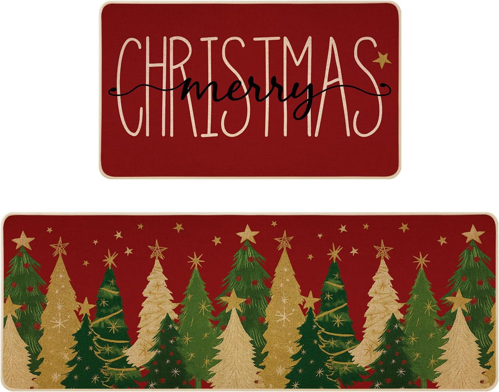 Siilues - Juego de 2 alfombrillas navideñas para cocina, antideslizantes, rojas, con texto "Feliz Navidad", para suelo, decoración de invierno, perfil bajo, 43 x 73 cm y 43 x 119 cm