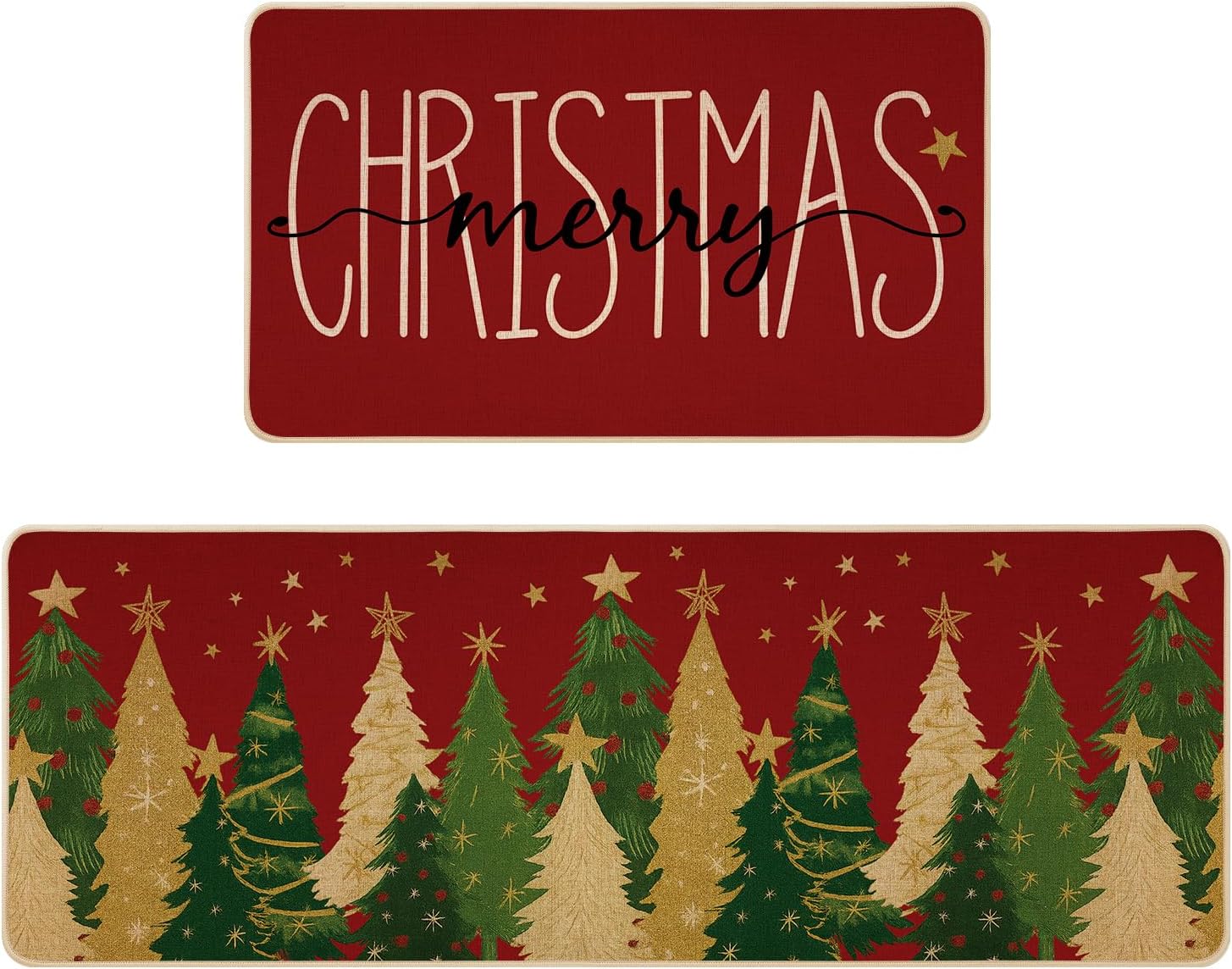 Siilues - Juego de 2 alfombrillas navideñas para cocina, antideslizantes, rojas, con texto "Feliz Navidad", para suelo, decoración de invierno, perfil bajo, 43 x 73 cm y 43 x 119 cm