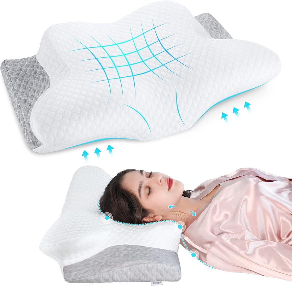 Almohada cervical Misiki para aliviar el dolor, almohada de espuma viscoelástica con contorno de mariposa para quienes duermen de lado o boca arriba, almohada ergonómica con funda lavable para soporte de hombros, 61 x 38 cm (24 x 15 pulgadas)