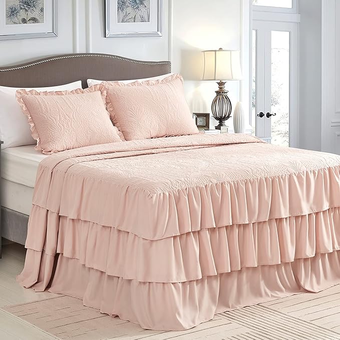 CHIXIN Colcha con Falda de Volantes Estilo Shabby Chic – Tamaño King, Caída 30 Pulgadas, Juego de 3 Piezas | Rosa Elegante