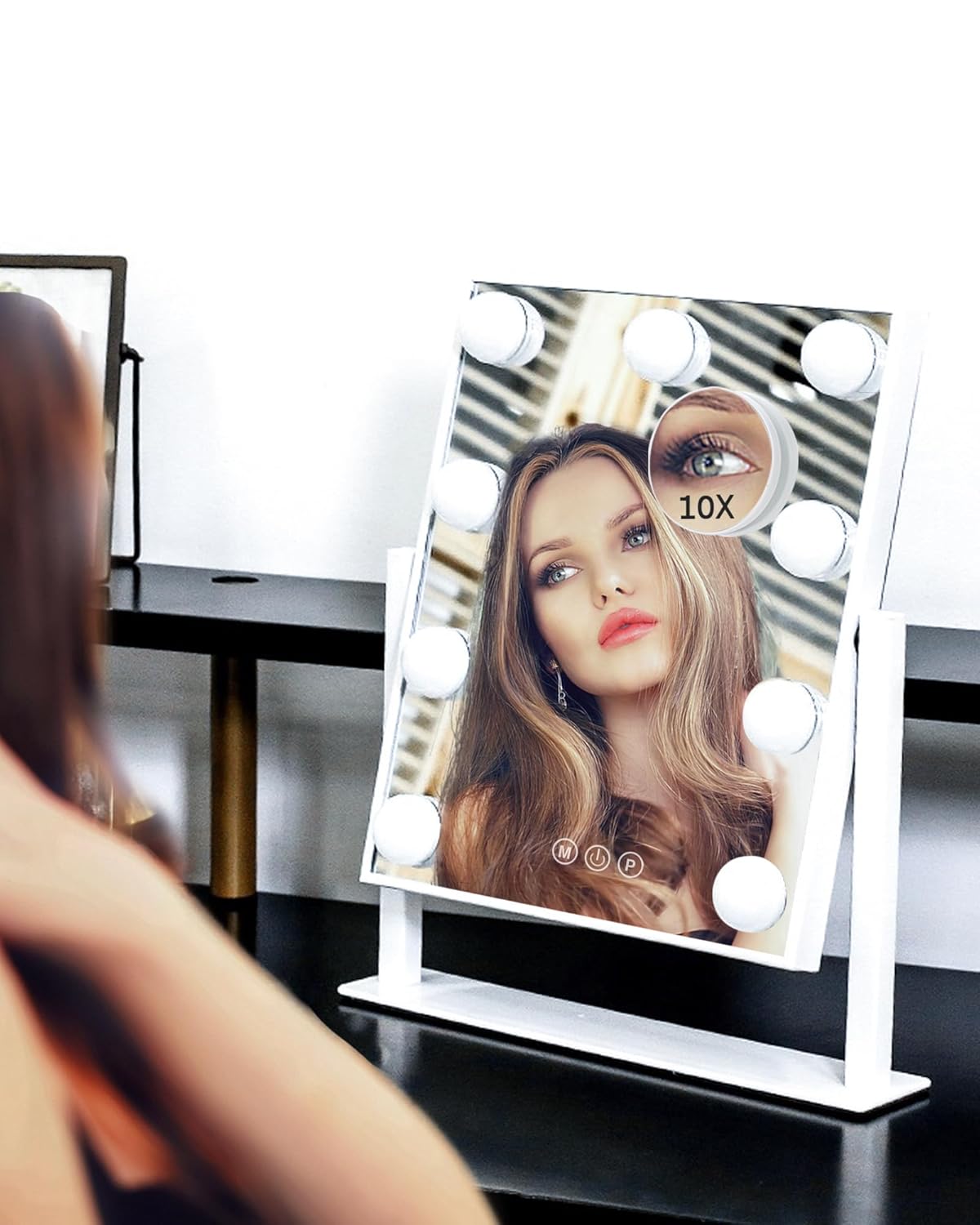 Espejo de Maquillaje Hollywood BWLLNI con Luces LED — 30x36 cm, Blanco, Control Táctil, 3 Colores, Aumento 10X, Rotación 360°