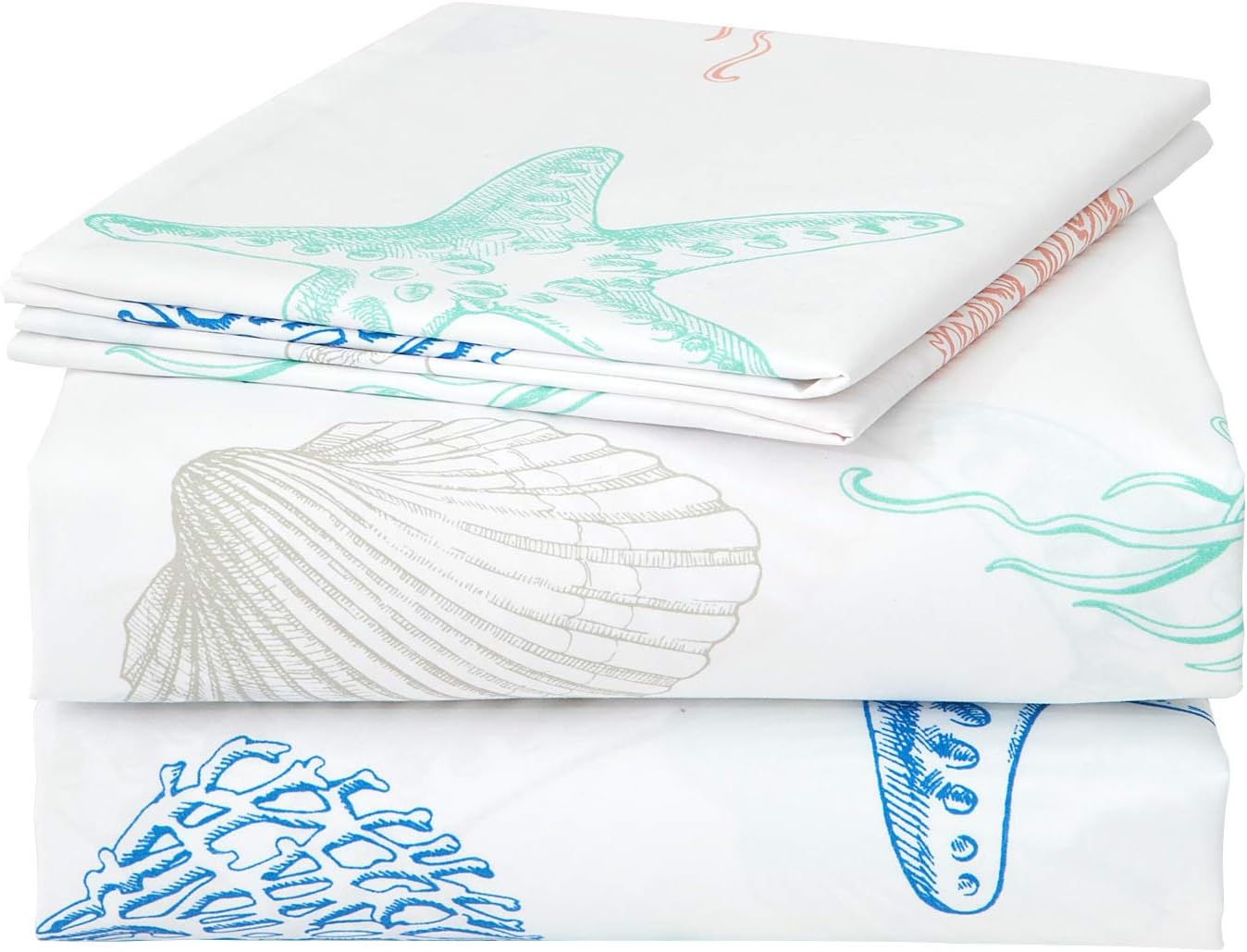 JSD Beach Theme Kids Sheet Set Twin, 3 Piece Starfish Jellyfish Coastal Summer Microfiber Bed Sheets Deep Pocket