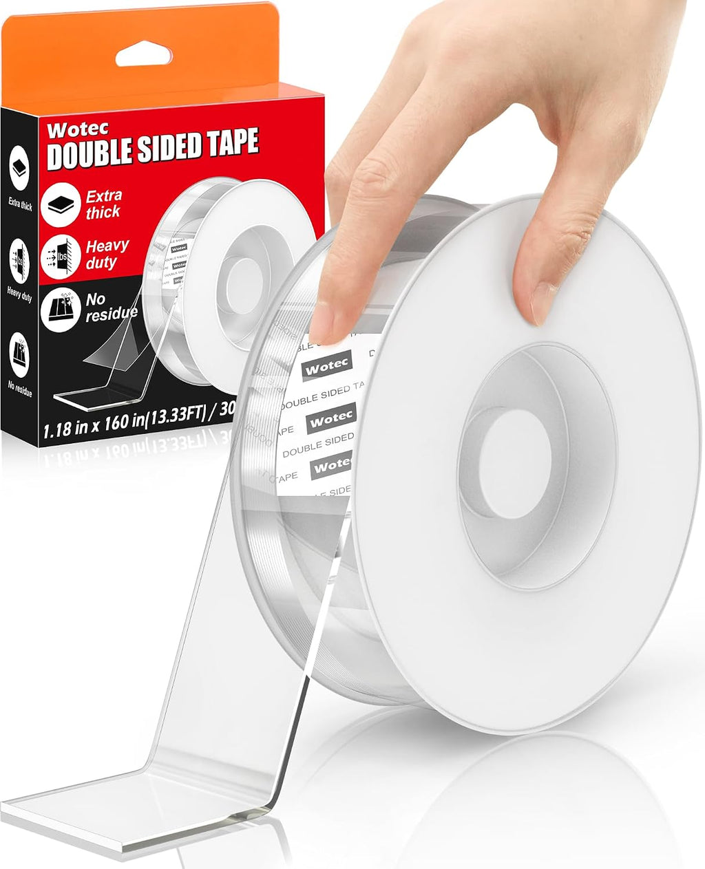 Cinta adhesiva de doble cara extragrande Wotec, resistente y removible, 3 cm x 406 cm, cinta nano transparente y resistente, cinta de montaje multiusos, tiras adhesivas para colgar cuadros, pósteres y alfombras.