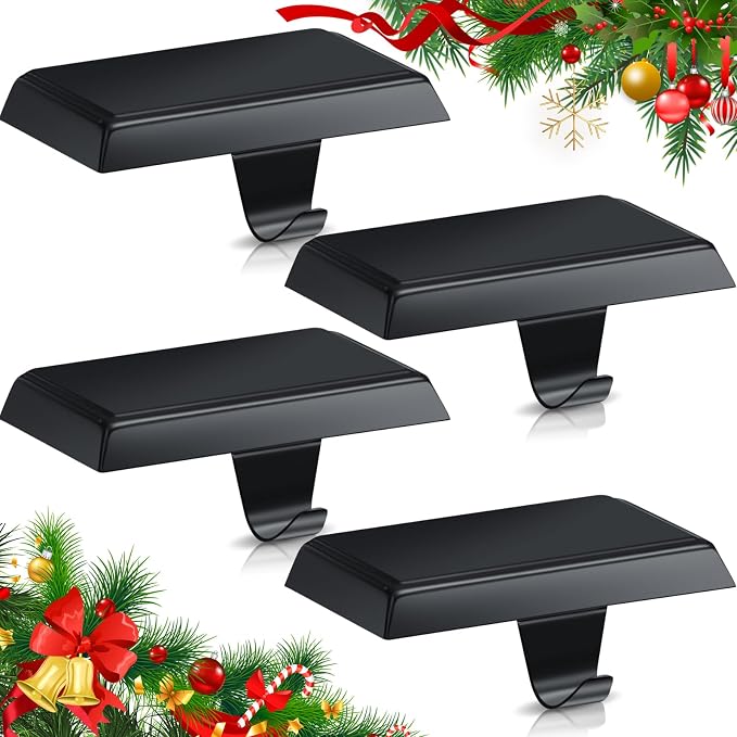 Haz clic para una vista completa      3+  7 VIDEOS Zhengmy 4 piezas de soportes para calcetines de Navidad para repisa, soportes para calcetines con peso para chimenea, ganchos para calcetines de Navidad para fiesta de Navidad (Negro)