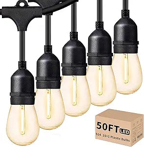 Luces LED de Patio Svater 50FT – 16 Bombillas S14 Irrompibles, Regulables, IP65 Impermeables