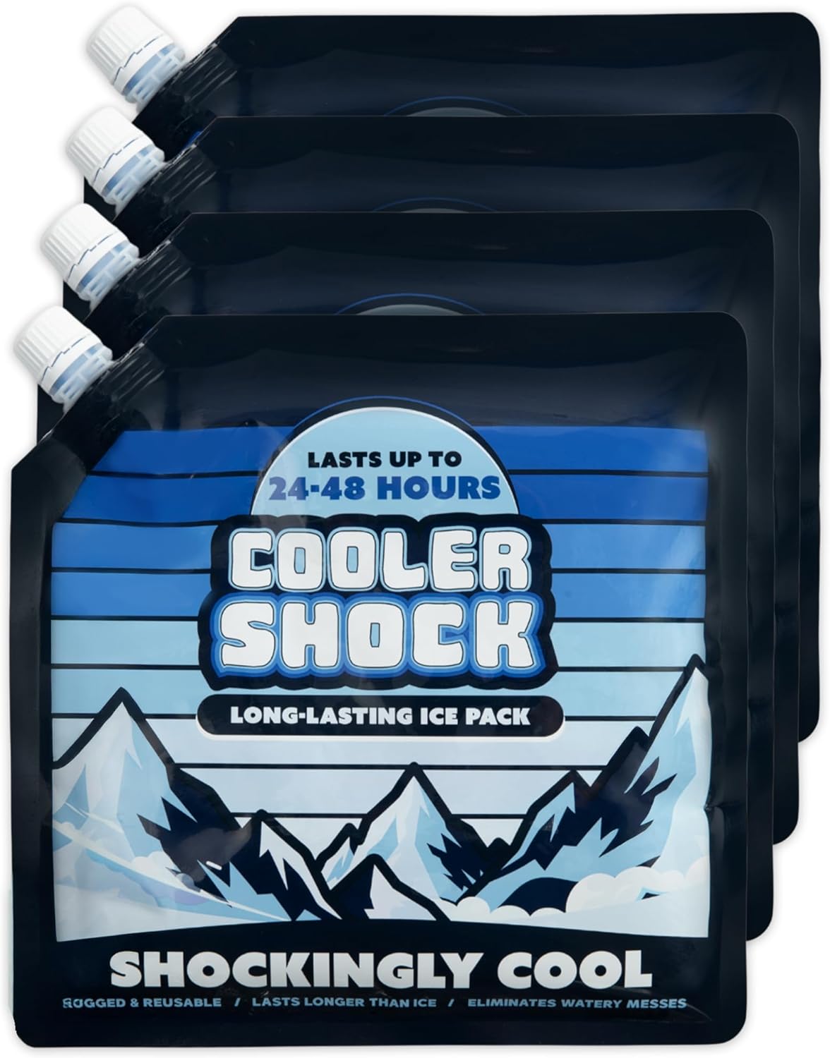 4 Mid-Size Cooler Freeze Packs 10x10 inch Screw Cap. The Coldest Pack at 18 Degrees F. No Ice Needed, Reusable. You Add Water & Save. C.S. Brand Packs Have 4,000 Reviews Avg. 4.6 Stars - Safe USA Made